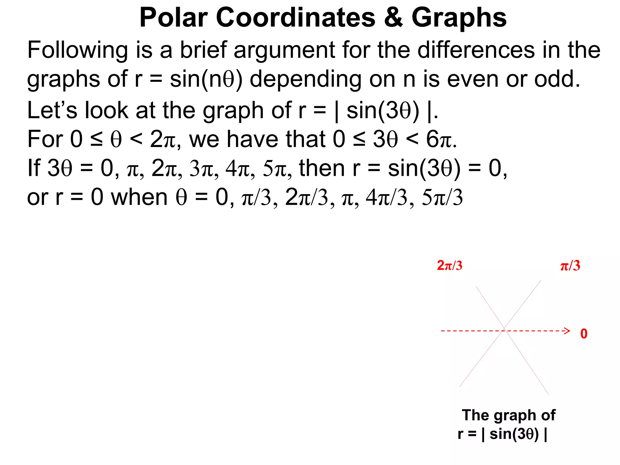 Polar Coordinates & Graphs
Following is a brief argument for the differences in the
graphs of r = sin(n) depending on n is even or odd.
Let’s look at the graph of r = | sin(3) |.
For 0 ≤  < 2π, we have that 0 ≤ 3 < 6π.
If 3 = 0, π, 2π, 3π, 4π, 5π, then r = sin(3) = 0,
or r = 0 when  = 0, π/3, 2π/3, π, 4π/3, 5π/3
π/3
2π/3
The graph of
r = | sin(3) |
0
 