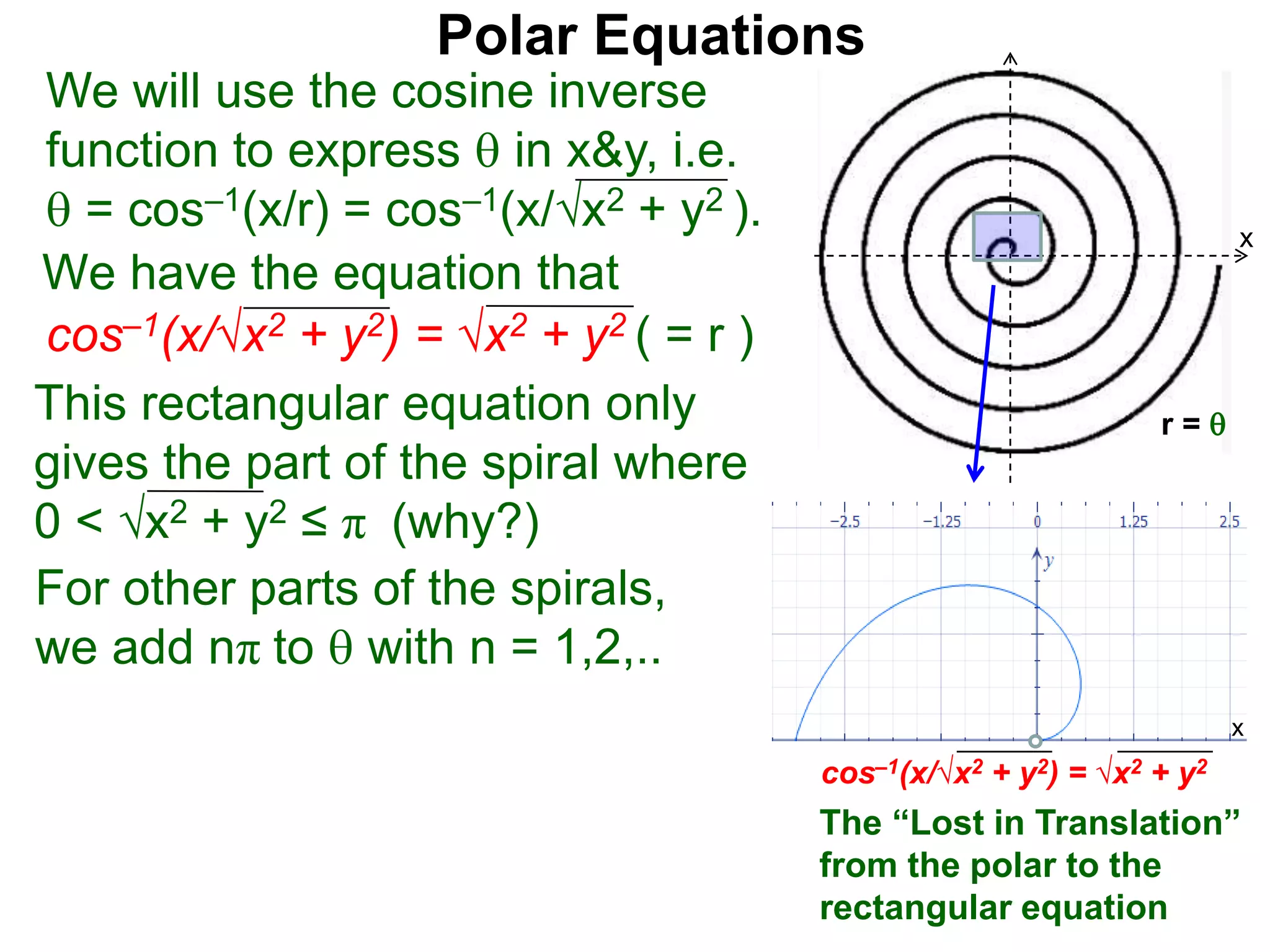 Polar Equations
We have the equation that
We will use the cosine inverse
function to express  in x&y, i.e.
 = cos–1(x/r) = cos–1(x/√x2 + y2 ).
cos–1(x/√x2 + y2) = √x2 + y2 ( = r ) x
r = 
This rectangular equation only
gives the part of the spiral where
0 < √x2 + y2 ≤ π (why?)
For other parts of the spirals,
we add nπ to  with n = 1,2,..
cos–1(x/√x2 + y2) = √x2 + y2
x
x
The “Lost in Translation”
from the polar to the
rectangular equation
 
