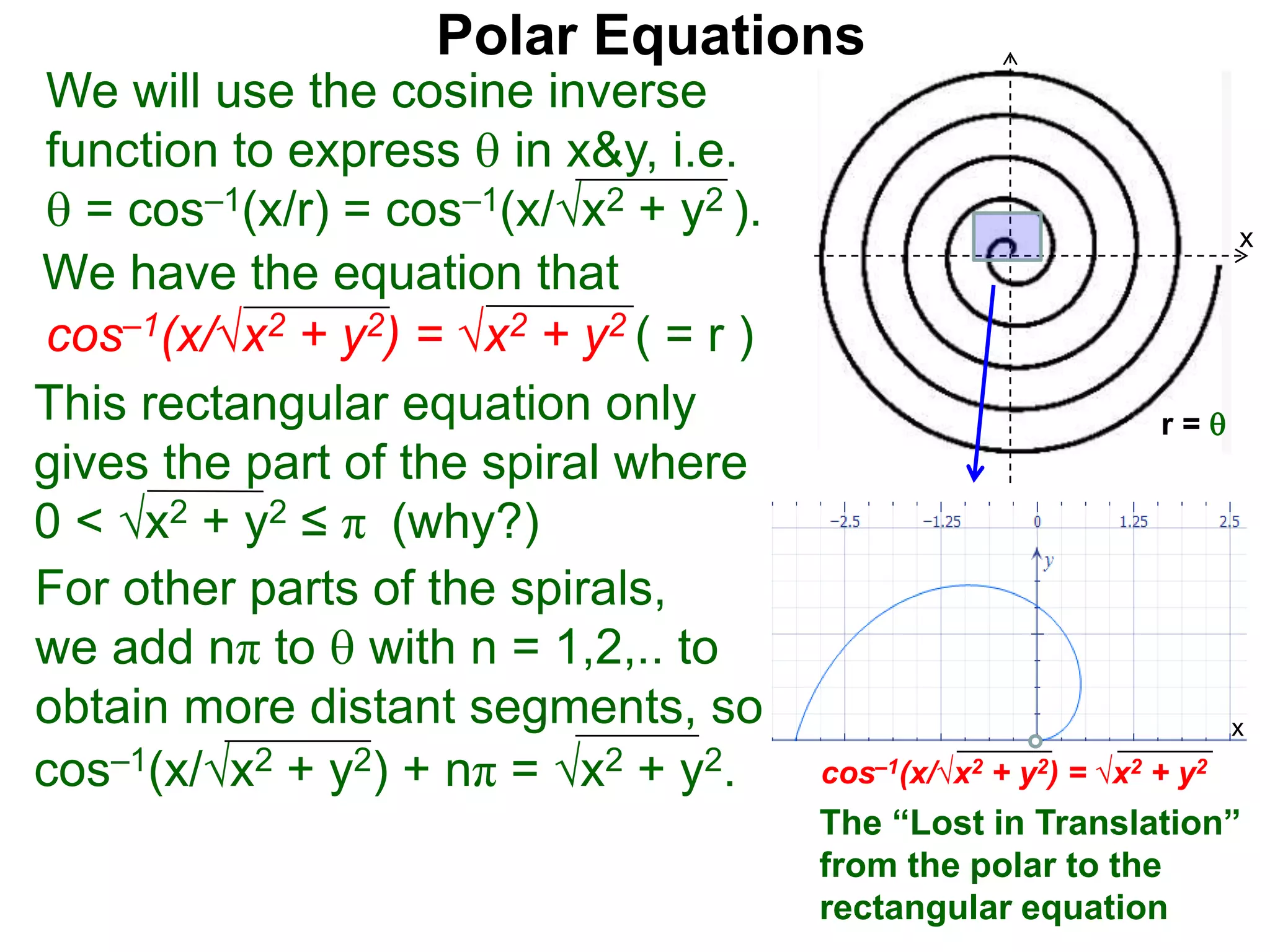 Polar Equations
We have the equation that
We will use the cosine inverse
function to express  in x&y, i.e.
 = cos–1(x/r) = cos–1(x/√x2 + y2 ).
cos–1(x/√x2 + y2) = √x2 + y2 ( = r ) x
r = 
This rectangular equation only
gives the part of the spiral where
0 < √x2 + y2 ≤ π (why?)
cos–1(x/√x2 + y2) = √x2 + y2
x
x
The “Lost in Translation”
from the polar to the
rectangular equation
For other parts of the spirals,
we add nπ to  with n = 1,2,.. to
obtain more distant segments, so
cos–1(x/√x2 + y2) + nπ = √x2 + y2.
 
