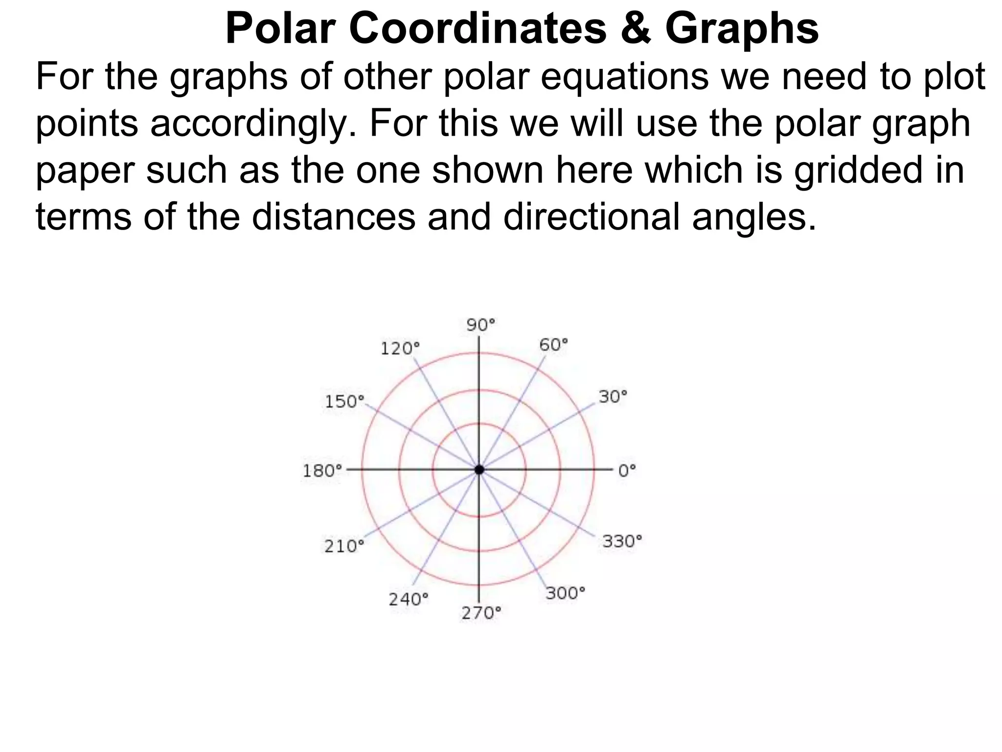 Polar Coordinates & Graphs
For the graphs of other polar equations we need to plot
points accordingly. For this we will use the polar graph
paper such as the one shown here which is gridded in
terms of the distances and directional angles.
 