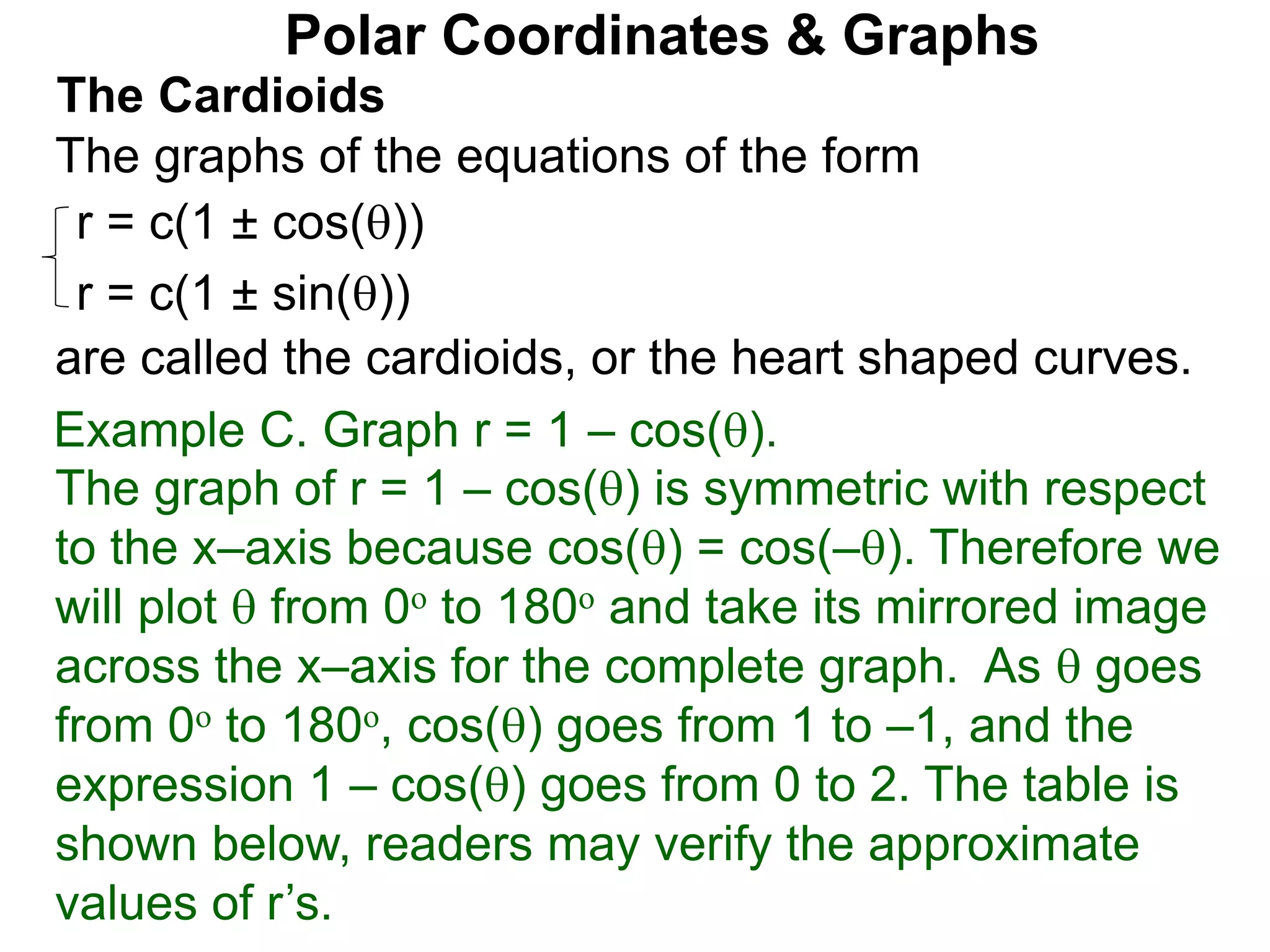Polar Coordinates & Graphs
The Cardioids
r = c(1 ± cos())
r = c(1 ± sin())
The graphs of the equations of the form
are called the cardioids, or the heart shaped curves.
Example C. Graph r = 1 – cos().
The graph of r = 1 – cos() is symmetric with respect
to the x–axis because cos() = cos(–). Therefore we
will plot  from 0o to 180o and take its mirrored image
across the x–axis for the complete graph. As  goes
from 0o to 180o, cos() goes from 1 to –1, and the
expression 1 – cos() goes from 0 to 2. The table is
shown below, readers may verify the approximate
values of r’s.
 