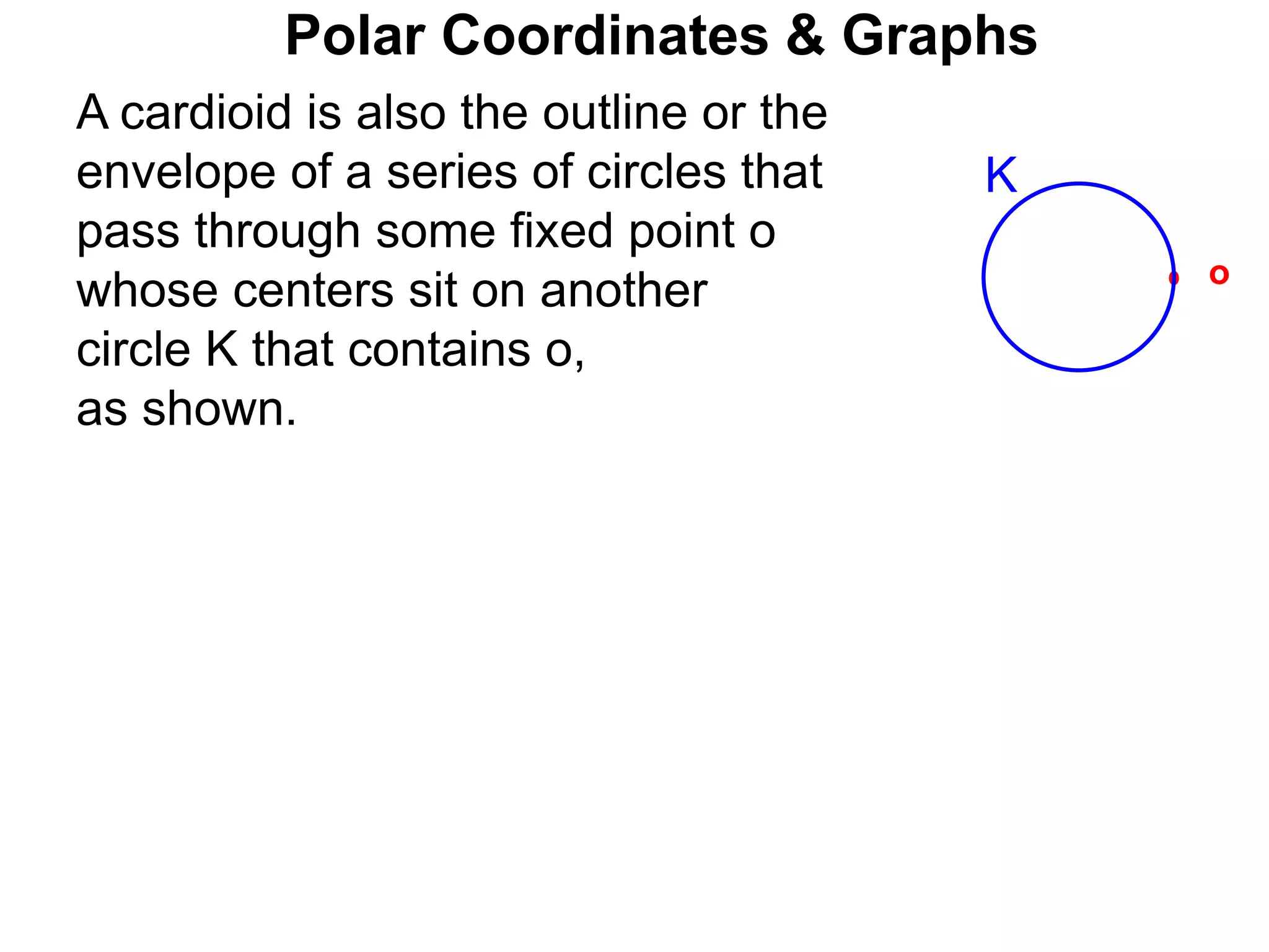 Polar Coordinates & Graphs
o
A cardioid is also the outline or the
envelope of a series of circles that
pass through some fixed point o
whose centers sit on another
circle K that contains o,
as shown.
K
 