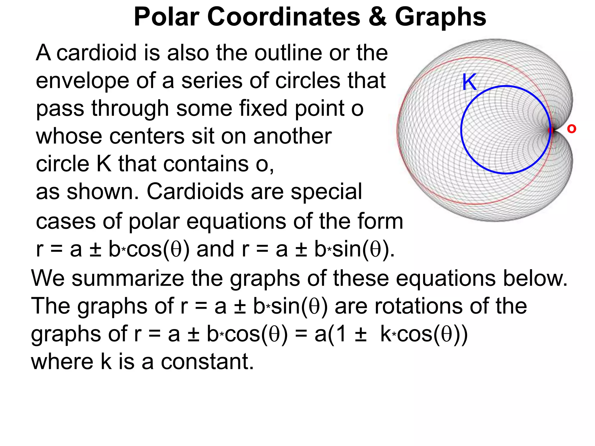 Polar Coordinates & Graphs
o
cases of polar equations of the form
r = a ± b*cos() and r = a ± b*sin().
K
A cardioid is also the outline or the
envelope of a series of circles that
pass through some fixed point o
whose centers sit on another
circle K that contains o,
as shown. Cardioids are special
We summarize the graphs of these equations below.
The graphs of r = a ± b*sin() are rotations of the
graphs of r = a ± b*cos() = a(1 ± k*cos())
where k is a constant.
 