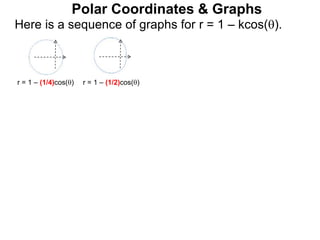 Polar Coordinates & Graphs
Here is a sequence of graphs for r = 1 – kcos().
r = 1 – (1/4)cos() r = 1 – (1/2)cos()
 