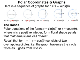 Polar Coordinates & Graphs
Here is a sequence of graphs for r = 1 – kcos().
r = 1 – (1/4)cos() r = 1 – (1/2)cos() r = 1 – 1cos() r = 1 – 2cos() r = 1 – 4cos()
Polar equations of the forms r = sin(n) or r = cos(n),
where n is a positive integer, form floral shape petals
that mathematicians call “roses”.
Recall that for n = 1, r = cos() consists of two
overlapping circles, i.e. the graph traverses the circle
twice as  goes from 0 to 2π.
The Roses
 