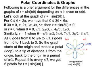 Polar Coordinates & Graphs
Following is a brief argument for the differences in the
graphs of r = sin(n) depending on n is even or odd.
(1, π/6)
As  goes from 0 to π/6 to π/3, r goes
from 0 to 1 back to 0. So the graph
starts at the origin and makes a petal
(loop), to a tip of distance 1 from the
origin, back to the origin in a period
of π/3. Repeat this every π/3, we get
6 petals for r = | sin(3) |.
π/3
2π/3
The graph of
r = | sin(3) |
0
Let’s look at the graph of r = | sin(3) |.
For 0 ≤  < 2π, we have that 0 ≤ 3 < 6π.
If 3 = 0, π, 2π, 3π, 4π, 5π, then r = sin(3) = 0,
or r = 0 when  = 0, π/3, 2π/3, π, 4π/3, 5π/3.
Similarly, r = 1 when  = π/6, π/2, 5π/6, 7π/6, 3π/2, 11π/6.
 