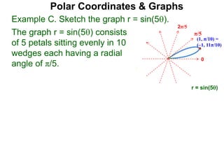 (1, π/10) =
(–1, 11π/10)
Example C. Sketch the graph r = sin(5).
The graph r = sin(5) consists
of 5 petals sitting evenly in 10
wedges each having a radial
angle of π/5.
0
Polar Coordinates & Graphs
2π/5
π/5
r = sin(5)
 
