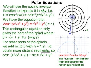 Polar Equations
We have the equation that
We will use the cosine inverse
function to express  in x&y, i.e.
 = cos–1(x/r) = cos–1(x/√x2 + y2 ).
cos–1(x/√x2 + y2) = √x2 + y2 ( = r ) x
r = 
This rectangular equation only
gives the part of the spiral where
0 < √x2 + y2 ≤ π (why?)
cos–1(x/√x2 + y2) = √x2 + y2
x
x
The “Lost in Translation”
from the polar to the
rectangular equation
For other parts of the spirals,
we add nπ to  with n = 1,2,.. to
obtain more distant segments, so
cos–1(x/√x2 + y2) + nπ = √x2 + y2.
 