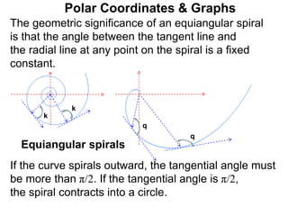 Polar Coordinates & Graphs
q
k
k
q
Equiangular spirals
The geometric significance of an equiangular spiral
is that the angle between the tangent line and
the radial line at any point on the spiral is a fixed
constant.
If the curve spirals outward, the tangential angle must
be more than π/2. If the tangential angle is π/2,
the spiral contracts into a circle.
 