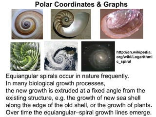 Polar Coordinates & Graphs
Equiangular spirals occur in nature frequently.
In many biological growth processes,
the new growth is extruded at a fixed angle from the
existing structure, e.g. the growth of new sea shell
along the edge of the old shell, or the growth of plants.
Over time the equiangular–spiral growth lines emerge.
http://en.wikipedia.
org/wiki/Logarithmi
c_spiral
 