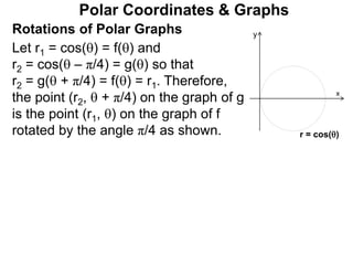 Polar Coordinates & Graphs
Let r1 = cos() = f() and
r2 = cos( – π/4) = g() so that
r2 = g( + π/4) = f() = r1. Therefore,
the point (r2,  + π/4) on the graph of g
is the point (r1, ) on the graph of f
rotated by the angle π/4 as shown.
x
y
r = cos()
Rotations of Polar Graphs
 