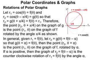 Polar Coordinates & Graphs
Let r1 = cos() = f() and
r2 = cos( – π/4) = g() so that
r2 = g( + π/4) = f() = r1. Therefore,
the point (r2,  + π/4) on the graph of g
is the point (r1, ) on the graph of f
rotated by the angle π/4 as shown.
x
y
r = cos()
r = cos( – π/4)
π/4
Rotations of Polar Graphs
In general, given r1 = f(), let r2 = g() = f( – α)
so that g( + α) = f(), then the point (r2,  + α)
is the point (r1, ) on the graph of f, rotated by α.
If α is positive, then the graph of r2 = f( – α) is the
counter clockwise rotation of r1 = f() by the angle α,
 