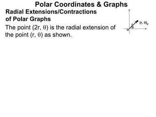 Polar Coordinates & Graphs
The point (2r, ) is the radial extension of
the point (r, ) as shown.
Radial Extensions/Contractions
of Polar Graphs

O
(r, )p
r
 