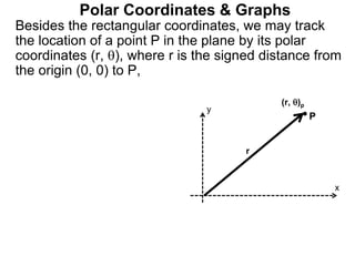 Polar Coordinates & Graphs
Besides the rectangular coordinates, we may track
the location of a point P in the plane by its polar
coordinates (r, ), where r is the signed distance from
the origin (0, 0) to P,
P
x
y
(r, )p
r
 