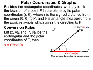 Polar Coordinates & Graphs
Conversion Rules
Let (x, y)R and (r, )P be the
rectangular and the polar
coordinates of P, then
x = r*cos()
P
x
y

O
x = r*cos()
The rectangular and polar conversions
Besides the rectangular coordinates, we may track
the location of a point P in the plane by its polar
coordinates (r, ), where r is the signed distance from
the origin (0, 0) to P, and  is an angle measured from
the positive x–axis which gives the direction to P.
(r, )p = (x, y)R
r
 