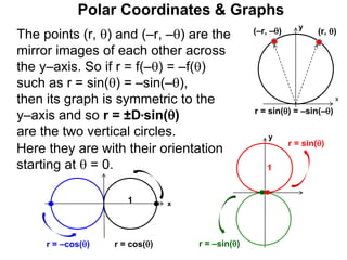 Polar Coordinates & Graphs
x
(r, )
r = sin() = –sin(–)
(–r, –)
y
x
y
r = cos()
r = –cos()
r = sin()
r = –sin()
1
1
Here they are with their orientation
starting at  = 0.
The points (r, ) and (–r, –) are the
mirror images of each other across
the y–axis. So if r = f(–) = –f()
such as r = sin() = –sin(–),
then its graph is symmetric to the
y–axis and so r = ±D*sin()
are the two vertical circles.
 