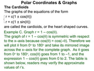 Polar Coordinates & Graphs
The Cardioids
r = c(1 ± cos())
r = c(1 ± sin())
The graphs of the equations of the form
are called the cardioids, or the heart shaped curves.
Example C. Graph r = 1 – cos().
The graph of r = 1 – cos() is symmetric with respect
to the x–axis because cos() = cos(–). Therefore we
will plot  from 0o to 180o and take its mirrored image
across the x–axis for the complete graph. As  goes
from 0o to 180o, cos() goes from 1 to –1, and the
expression 1 – cos() goes from 0 to 2. The table is
shown below, readers may verify the approximate
values of r’s.
 