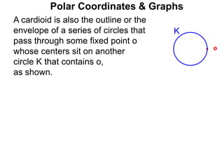Polar Coordinates & Graphs
o
A cardioid is also the outline or the
envelope of a series of circles that
pass through some fixed point o
whose centers sit on another
circle K that contains o,
as shown.
K
 