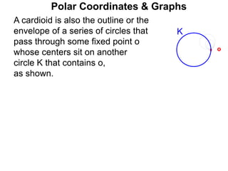 Polar Coordinates & Graphs
o
A cardioid is also the outline or the
envelope of a series of circles that
pass through some fixed point o
whose centers sit on another
circle K that contains o,
as shown.
K
 