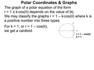 Polar Coordinates & Graphs
The graph of a polar equation of the form
r = 1 ± k*cos() depends on the value of |k|.
We may classify the graphs r = 1 – k*cos() where k is
a positive number into three types.
For k = 1, or r = 1 – cos(),
we get a cardioid.
r = 1 – cos()
k = 1
 