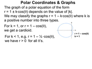 Polar Coordinates & Graphs
The graph of a polar equation of the form
r = 1 ± k*cos() depends on the value of |k|.
We may classify the graphs r = 1 – k*cos() where k is
a positive number into three types.
For k = 1, or r = 1 – cos(),
we get a cardioid.
For k < 1, e.g. r = 1 – ½ *cos(),
we have r > 0 for all ’s.
r = 1 – cos()
k = 1
 