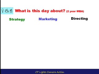 CP Lights Camera Action
What is this day about? (2 year MBA)
Strategy Marketing Directing
 