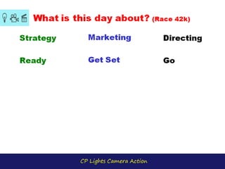 CP Lights Camera Action
What is this day about? (Race 42k)
Strategy
Ready
Marketing
Get Set
Directing
Go
 