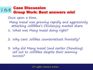 CP Lights Camera Action
Case Discussion
Group Work: Best answers win!
Once upon a time,
Mang Inasal was growing rapidly and aggressively
attacking Jollibbee’s Chickenjoy market share
1. What was Mang Inasal doing right?
2. Why cant Jollibee counterattack frontally?
3. Why did Mang Inasal (and earlier Chowking)
sell out to Jollibbee despite their seeming
success?
 