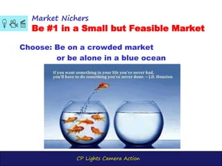 CP Lights Camera Action
Choose: Be on a crowded market
or be alone in a blue ocean
Market Nichers
Be #1 in a Small but Feasible Market
 