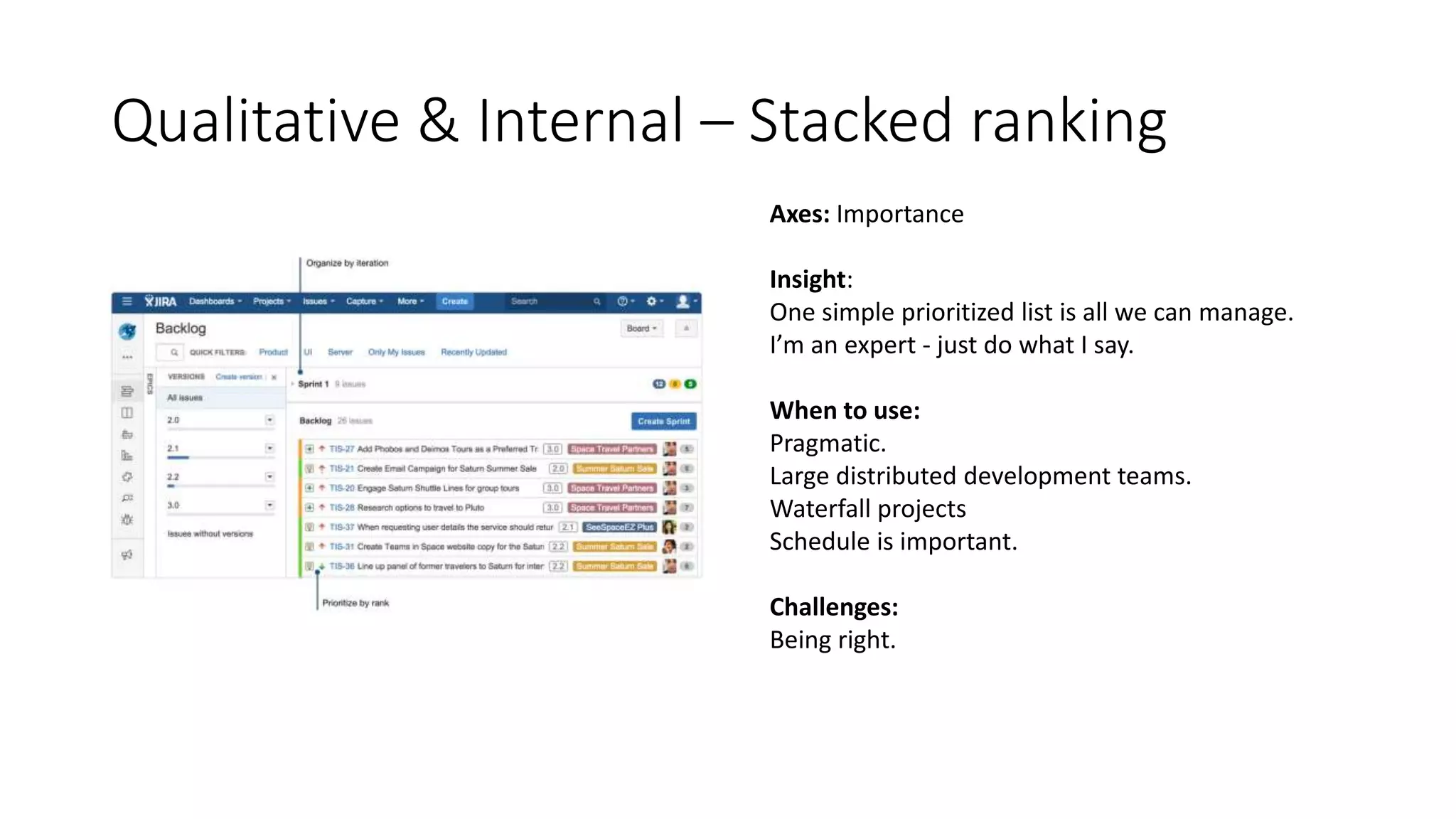Qualitative & Internal – Stacked ranking
Axes: Importance
Insight:
One simple prioritized list is all we can manage.
I’m an expert - just do what I say.
When to use:
Pragmatic.
Large distributed development teams.
Waterfall projects
Schedule is important.
Challenges:
Being right.
 