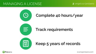 MANAGING A LICENSE
Track requirements
Complete 40 hours/year
Keep 5 years of records
angel.co/prolaera
evan@prolaera.com
 
