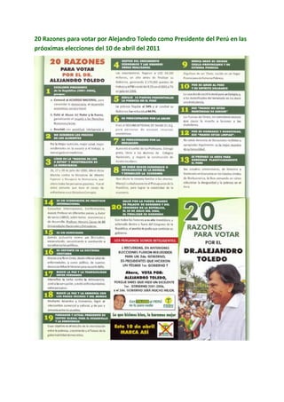 20 Razones para votar por Alejandro Toledo como Presidente del Perú en las
próoximas elecciones del 10 de abril del 2011
 