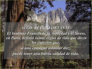 ALGO  RECONFORTANTE: El Instituto Francés de la Ansiedad y el Stress, en París, definió veinte reglas de vida que dicen los expertos que,  si uno consigue asimilar diez,  puede tener una buena calidad de vida.   