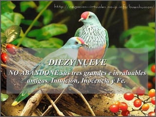 DIEZY NUEVE NO ABANDONE sus tres grandes e invaluables amigas. Intuición, Inocencia y Fe.  