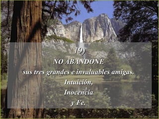 19)
           NO ABANDONE
sus tres grandes e invaluables amigas.
              Intuición,
              Inocencia
                 y Fe.
 