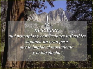 12)12)
DESCUBREDESCUBRE
qué principios y convicciones inflexiblesqué principios y convicciones inflexibles
suponen un gran pesosuponen un gran peso
que te impide el movimientoque te impide el movimiento
y la búsqueda.y la búsqueda.
 