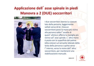 Applicazione dell’asse spinale in piedi
Manovra a 2 (DUE) soccorritori
I due soccorritori stanno su ciascun
lato della persona, leggermente
voltati verso di lei. Ciascun
soccorritore pone la mano più vicina
alla persona sotto l’ascella di
quest’ultima e afferra la maniglia più
vicina sull’asse spinale. L’altra mano
è posta con la superficie del palmo
(dita estese) sul versante laterale della
testa della persona e spinta verso
l’interno, verso la mano dell’altro
soccorritore, per mantenere una
stabilizzazione manuale.
 