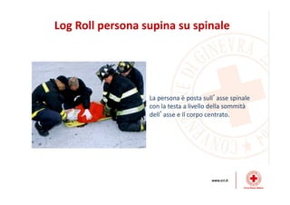 Log Roll persona supina su spinale
La persona è posta sull’asse spinale
con la testa a livello della sommità
dell’asse e il corpo centrato.
 