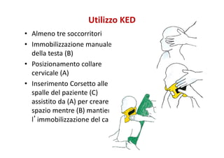 Utilizzo KED
• Almeno tre soccorritori
• Immobilizzazione manuale
della testa (B)
• Posizionamento collare
cervicale (A)
• Inserimento Corsetto alle
spalle del paziente (C)
assistito da (A) per creare lo
spazio mentre (B) mantiene
l’immobilizzazione del capo
 