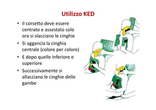 Utilizzo KED
• Il corsetto deve essere
centrato e assestato solo
ora si slacciano le cinghie
• Si aggancia la cinghia
centrale (colore per colore)
• E dopo quelle inferiore e
superiore
• Successivamente si
allacciano le cinghie delle
gambe
 