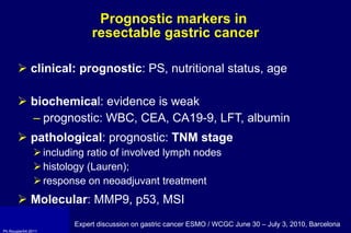 P rognostic markers in  resectable gastric cancer clinical: prognostic :  PS ,  nutritional status , a ge  biochemica l: evidence is weak prognostic:  WBC, CEA, CA19-9, LFT, albumin pathological : prognostic:  TNM  stage including ratio of involved lymph nodes histology (Lauren);  response on neoadjuvant treatment Molecular : MMP9, p53, MSI Expert discussion on gastric cancer  ESMO / WCGC June 30 – July 3, 2010, Barcelona 