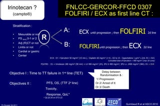 Stratification : Mesurable or not PS  WHO  0-1 or 2 Adj (R)CT or not Linitis or not Cardial or gastric Center FNLCC-GERCOR-FFCD 0307 FOLFIRI / ECX as first line CT : A: B: ECX  until progression ; then  FOLFIRI   2d line  FOLFIRI until progression ; then  ECX  2d line  Delay between  Randomisation & : 1/ Progression  Or 2/ Arrest of tt Or 3/ Death Objective I : Time to TT failure in 1 rst  line (TET) Objectives II : PFS, OS, (TTF 2 d  line)  Toxicity,  Response, QoL* QLQC30 et STO-22 ECX : D1 =  Epirubicin 50 mg/m² (15 min.),  Cisplatin 60 mg/m² (1 h) ; D2 to 15 : Capecitabine 1 g/m² x 2/d. D1 = D21 Cumulated dose of Epirubicin < 900 mg/m² (max 18 cures) FOLFIRI :  D1 = Irinotecan 180 mg/m² (90 min) + LV 400 mg/m² (2h), 5FU b 400 mg/m², 5FU c.i. 2400 mg/m² (46h). D 1 = D14  Guimbaud R et al ASCO 2010 Irinotecan ? (campto®) 