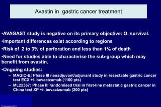 Avastin in  gastric cancer treatment AVAGAST study is negative on its primary objective: O. survival. Important differences exist according to regions Risk of  2 to 3% of perforation and less than 1% of death Need for studies able to characterise the sub-group which may benefit from avastin. Ongoing studies: MAGIC-B:  P hase III neoadjuvant/adjuvant study in resectable gastric cancer test ECX +/- bevacizumab.(1100 pts) ML22367:  P hase III randomised trial in first-line metastatic gastric cancer  in China test XP +/- bevacizumab (200 pts) 