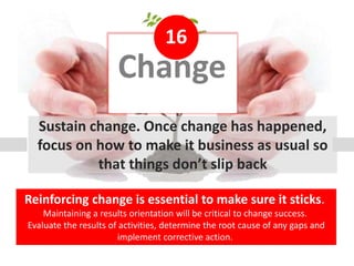 Change
16
Sustain change. Once change has happened,
focus on how to make it business as usual so
that things don’t slip ba...