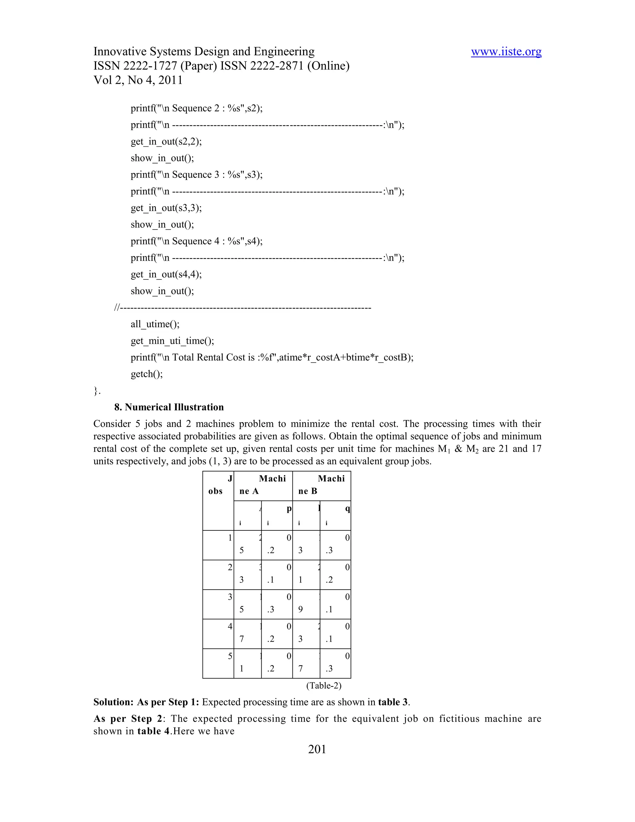 Innovative Systems Design and Engineering                                                 www.iiste.org
ISSN 2222-1727 (Paper) ISSN 2222-2871 (Online)
Vol 2, No 4, 2011

         printf("n Sequence 2 : %s",s2);
         printf("n -------------------------------------------------------------:n");
         get_in_out(s2,2);
         show_in_out();
         printf("n Sequence 3 : %s",s3);
         printf("n -------------------------------------------------------------:n");
         get_in_out(s3,3);
         show_in_out();
         printf("n Sequence 4 : %s",s4);
         printf("n -------------------------------------------------------------:n");
         get_in_out(s4,4);
         show_in_out();
     //-------------------------------------------------------------------------
         all_utime();
         get_min_uti_time();
         printf("n Total Rental Cost is :%f",atime*r_costA+btime*r_costB);
         getch();
}.
     8. Numerical Illustration
Consider 5 jobs and 2 machines problem to minimize the rental cost. The processing times with their
respective associated probabilities are given as follows. Obtain the optimal sequence of jobs and minimum
rental cost of the complete set up, given rental costs per unit time for machines M 1 & M2 are 21 and 17
units respectively, and jobs (1, 3) are to be processed as an equivalent group jobs.
                                      J          Machi               Machi
                                obs       ne A                ne B
                                                 A        p          B        q
                                          i          i        i          i

                                      1          2        0          1        0
                                          5          .2       3          .3
                                      2          3        0          2        0
                                          3          .1       1          .2
                                      3          1        0          1        0
                                          5          .3       9          .1
                                      4          1        0          2        0
                                          7          .2       3          .1
                                      5          1        0          1        0
                                          1          .2       7          .3
                                                                  (Table-2)
Solution: As per Step 1: Expected processing time are as shown in table 3.
As per Step 2: The expected processing time for the equivalent job on fictitious machine are
shown in table 4.Here we have
                                                                  201
 