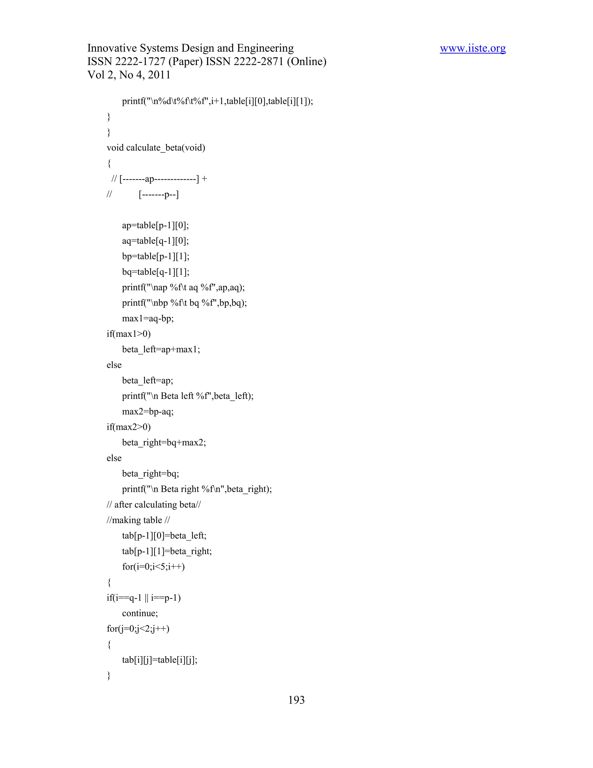 Innovative Systems Design and Engineering                       www.iiste.org
ISSN 2222-1727 (Paper) ISSN 2222-2871 (Online)
Vol 2, No 4, 2011

          printf("n%dt%ft%f",i+1,table[i][0],table[i][1]);
   }
   }
   void calculate_beta(void)
   {
       // [-------ap-------------] +
   //          [-------p--]


          ap=table[p-1][0];
          aq=table[q-1][0];
          bp=table[p-1][1];
          bq=table[q-1][1];
          printf("nap %ft aq %f",ap,aq);
          printf("nbp %ft bq %f",bp,bq);
          max1=aq-bp;
   if(max1>0)
          beta_left=ap+max1;
   else
          beta_left=ap;
          printf("n Beta left %f",beta_left);
          max2=bp-aq;
   if(max2>0)
          beta_right=bq+max2;
   else
          beta_right=bq;
          printf("n Beta right %fn",beta_right);
   // after calculating beta//
   //making table //
          tab[p-1][0]=beta_left;
          tab[p-1][1]=beta_right;
          for(i=0;i<5;i++)
   {
   if(i==q-1 || i==p-1)
          continue;
   for(j=0;j<2;j++)
   {
          tab[i][j]=table[i][j];
   }

                                                      193
 
