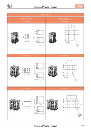 20 Series Power            Relays


                                    Dimensions

Blade Terminal                                            PC Board Terminal
       20.12 (DPDT)                                         20.22 (DPDT)


                                                                                  14.2
                                                                                  10
                                                                    4.1




                      4.7
                             ø 2.6
       27.5




                      0.5



                                                                    5.5
              21

                                                                            3.4
                      6.4
                                                                                              Eight,
                             35.6                                                             2.5-dia.
                                      max
                                                                                              holes




       20.13 (3PDT)                                         20.23 (3PDT)



                                                                            10    10


                                                              4.1
                      4.7
   27.5




                              ø 2.6
                      0.5




               31.5                                           5.5



                                                                      5.3
                      6.4
                             35.6                                                         Eleven,
                                      max                                                 2.5-dia.
                                                                                          holes




       20.14 (4PDT)                                         20.24 (4PDT)




                                                                            10    10     10


                                                              4.1
                       4.7




                                                                                                            4.6
27.5




                              ø 2.6                                                                         13.15

                                                                                                     7.15
                       0.5




               41
                                                              5.5



                      6.4                                             5.3
                             35.6                                                                    Fourteen,
                                      max
                                                                                                     2.5-dia.
                                                                                                     holes




                      20 Series Power            Relays                                                      20/11
 