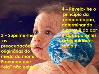 3 – Suprime-lhe as  preocupações  originárias do  medo da morte, Provando que “ ela” não existe! 4 –   Revela-lhe o princípio da  reencarnação, determinando  o porquê da dor e das aparentes  desigualdades  sociais.  