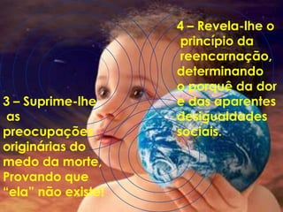 4 – Revela-lhe o
                     princípio da
                     reencarnação,
                    determinando
                    o porquê da dor
3 – Suprime-lhe     e das aparentes
 as                 desigualdades
preocupações        sociais.
originárias do
medo da morte,
Provando que
“ela” não existe!
 
