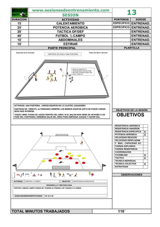 www.sesionesdeentrenamiento.com
SESION 13
DURACION ACTIVIDAD PORTEROS DIRIGE
15´ CALENTAMIENTO ESPECIFICO ENTRENAD.
25´ POTENCIA AEROBICA ESPECIFICO ENTRENAD.
20´ TACTICA OF/DEF ENTRENAD.
40´ FUTBOL ½ CAMPO ENTRENAD.
10´ ABDOMINALES ENTRENAD.
10´ ESTIRAR ENTRENAD.
PARTE PRINCIPAL PLANTILLA
OBJETIVOS DE LA SESIÓN
ACTIVIDAD: UNA PORTERIA , VARIOS EQUIPOS DE 3 O CUATRO JUGADORESACTIVIDAD: UNA PORTERIA , VARIOS EQUIPOS DE 3 O CUATRO JUGADORES
PARTIDOS DE 1 MINUTO, ALTERNANDO SIEMPRE LOS MISMOS EQUIPOS (ESTPARTIDOS DE 1 MINUTO, ALTERNANDO SIEMPRE LOS MISMOS EQUIPOS (ESTO SE PUEDE VARIARO SE PUEDE VARIAR
SEGSEGÚÚ NOS INTERESE.NOS INTERESE.
TOQUE LIBRE, FUERA DE JUEGO DENTRO DEL AREA, SI EL BALON NOS VIETOQUE LIBRE, FUERA DE JUEGO DENTRO DEL AREA, SI EL BALON NOS VIENE DE UN ROBO O UNNE DE UN ROBO O UN
PASE DEL CONTRARIO, DEBEMOS SALIR DELPASE DEL CONTRARIO, DEBEMOS SALIR DEL ÁÁREA PARA EMPEZAR JUGADA Y HACER GOL.REA PARA EMPEZAR JUGADA Y HACER GOL.
Desarrollo de la ActividadDesarrollo de la Actividad Pedro del Barrio SPedro del Barrio Sááncheznchez
PARTIDOS 3X3 (4X4) A UNA PORTERIA
INICIA EL PARTIDO EL
ENTRENADOR CON UN PASE
NEUTRAL DIVIDIDO PARA QUE
HAYA DISPUTA
OBJETIVOS
RESISTENCIA AEROBICA
RESISTENCIA ANAEROB.
RESISTENCIA ESPECIFICA X
POTENCIA AEROBICA X
VELOCIDAD REACION
VELOCIDAD DESPLAZAM.
F . MAX. - CAPACIDAD AC.
FUERZA EXPLOSIVA
FUERZA RESISTENCIA
COORDINACION
FLEXIBILIAD X
TACTICA X
TECNICA INDIVIDUAL
TECNICA COLECTIVA X
ESTRATEGIA
OBSERVACIONES
PARTIDO ½ CAMPOACTIVIDAD
DE 30 A 50´DURACIÓN/SERIES/REPETICIONES
PARTIDO A MEDIO CAMPO DONDE SE PUEDEN ALTERNAR LOS TOQUES 3 Ó LIBRES.
DESARROLLO Y METODOLOGIADESARROLLO Y METODOLOGIA
RESISTENCIA ESPECIFICAOBJETIVO
TOTAL MINUTOS TRABAJADOS 110´
 